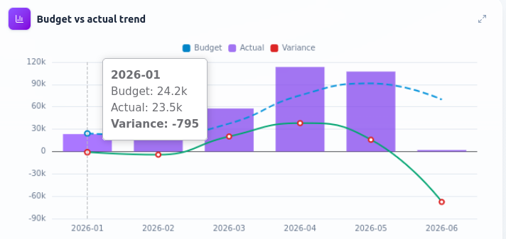 Budget vs actual, month by month.